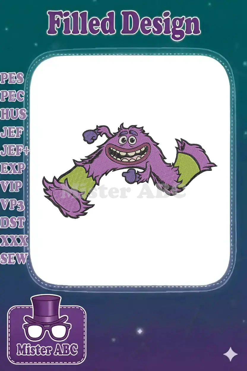 A vibrant, running purple monster embroidery design with a wide smile, green legs, and textured fur details.