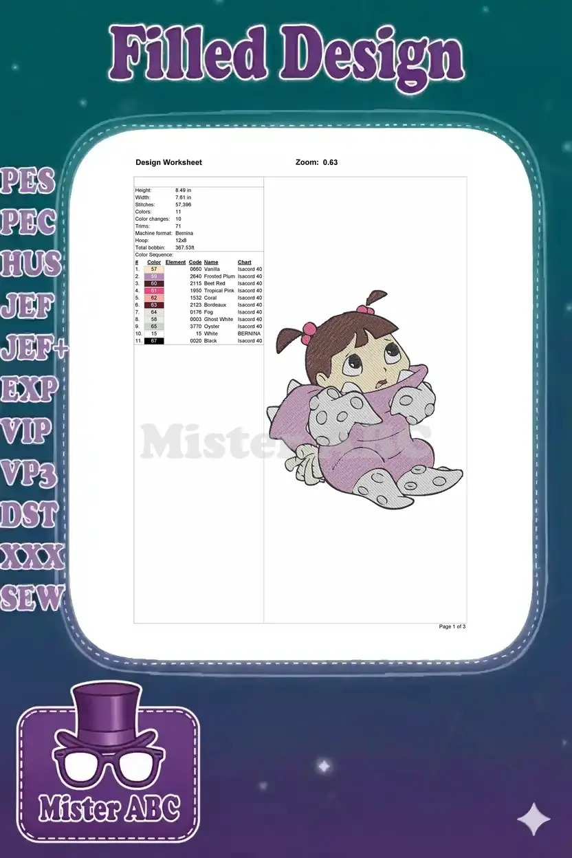 Detailed embroidery design worksheet for Boo, showing dimensions, stitch count, color sequence, and machine info.