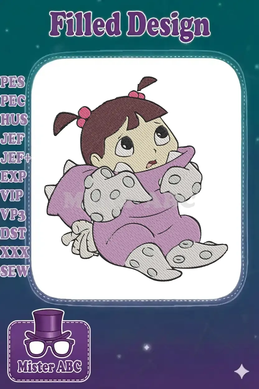 A captivating embroidery design of Boo from Monsters Inc. in her purple monster costume, looking up with wide eyes.