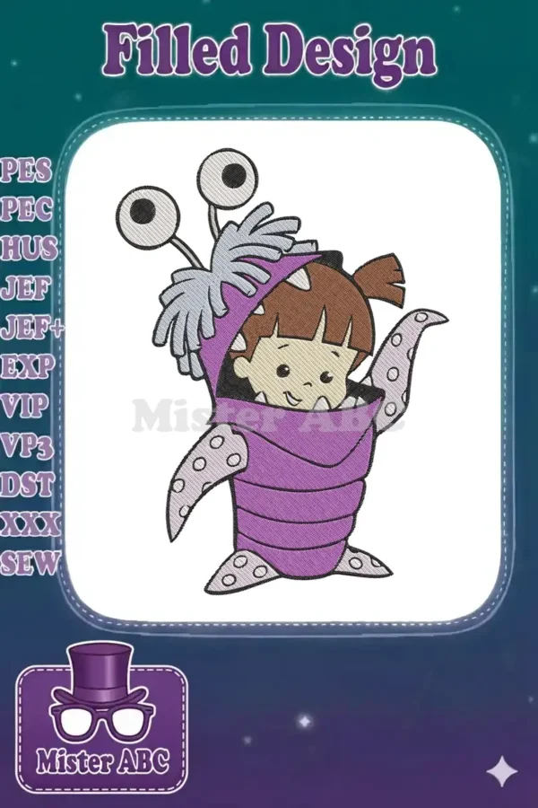 A detailed embroidery design of Boo from Monsters Inc. in her iconic purple monster costume, featuring textured stitches.