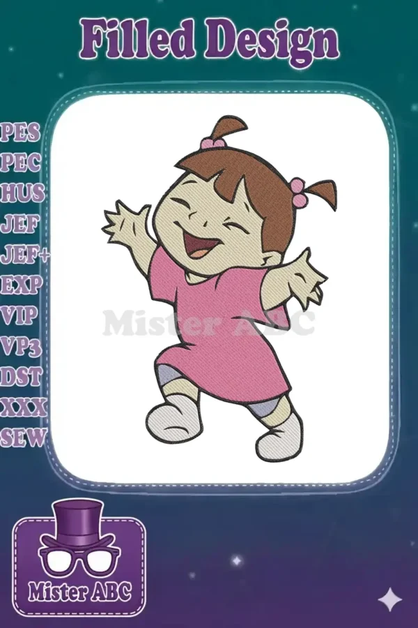A charming machine embroidery design featuring Boo from Disney Pixar's Monsters Inc., joyfully reaching out with a wide smile.