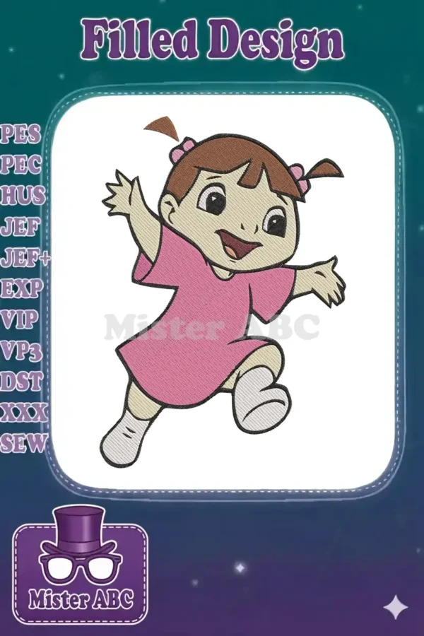 Vibrant embroidery of Boo from Monsters, Inc. in a playful pose, featuring a pink dress and brown pigtails.