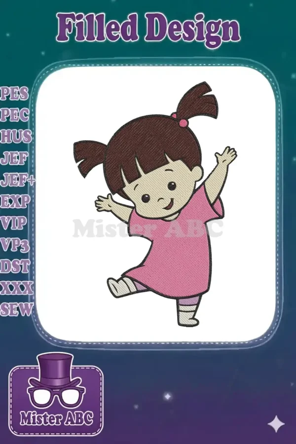 Adorable Boo from Monsters Inc. machine embroidery design, featuring vibrant colors and expressive details.