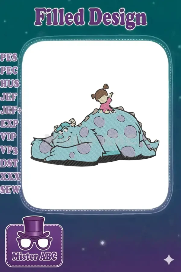 Sully and Boo embroidery design, featuring the beloved characters in a heartwarming pose, perfect for apparel.