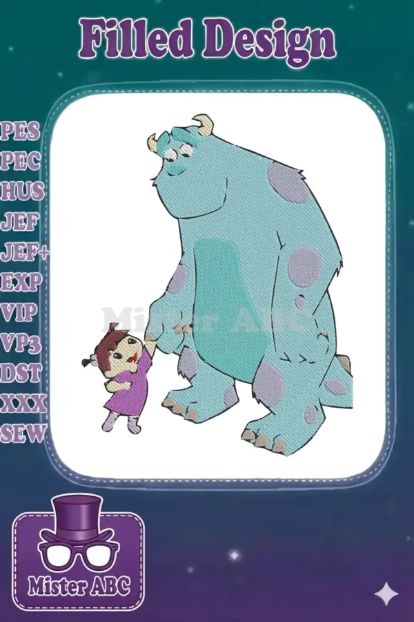 Full-color embroidered design of Sulley and Boo from Monsters, Inc., featuring intricate details and vibrant threads.