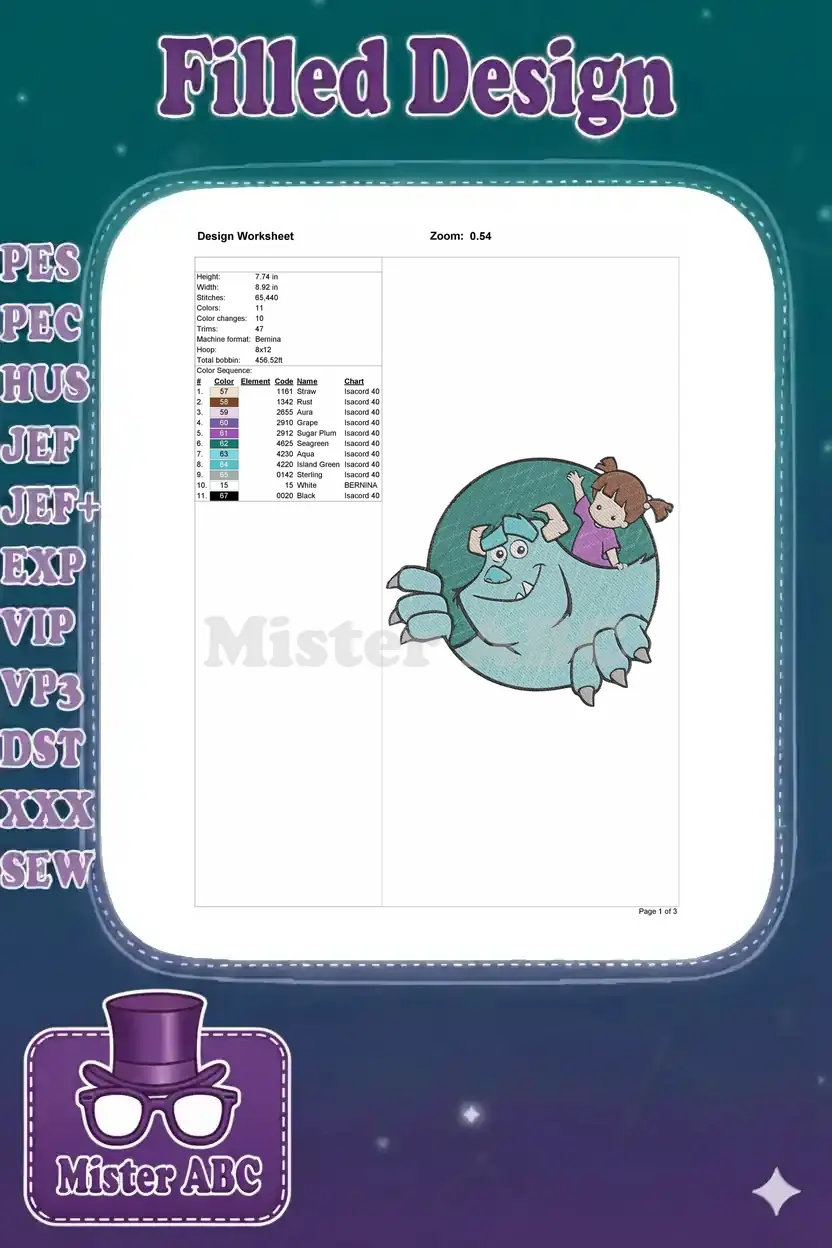 Design worksheet detailing embroidery specifications: height, width, stitches, colors, and thread chart.