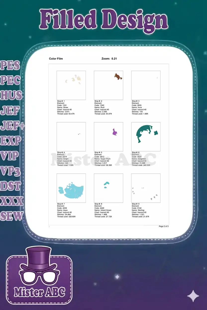 Color film breakdown showing individual embroidery elements, stitch counts, and thread usage for design.