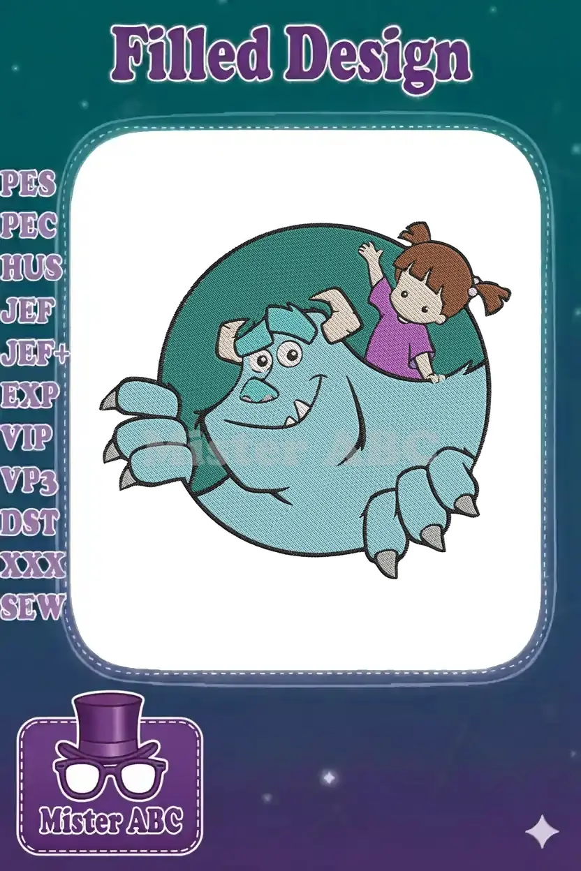 Close-up of an embroidery design featuring a smiling Sulley with Boo waving, set against a teal background.