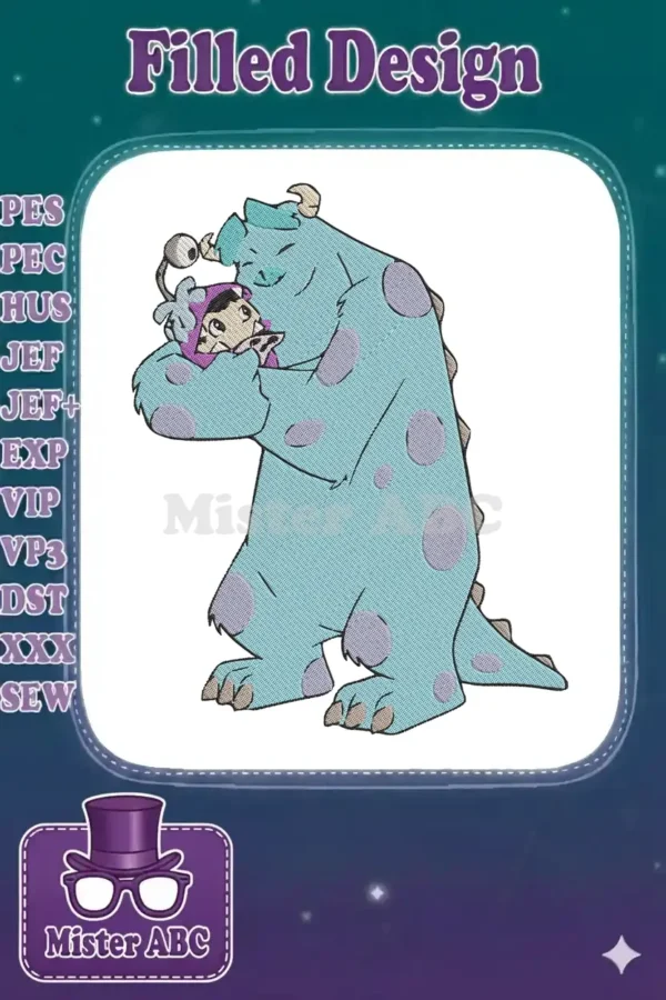 Adorable embroidery design featuring Sulley gently hugging Boo, both characters from Disney Pixar's Monsters Inc. Detailed and charming.