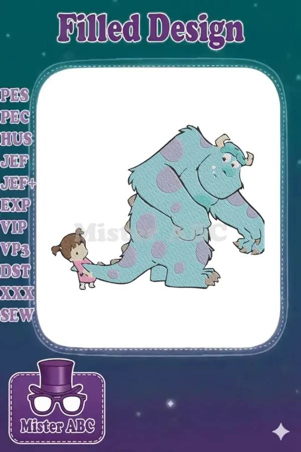 Adorable embroidery of Sulley and Boo from Monsters Inc., featuring Sulley's signature blue fur and Boo's pink outfit.