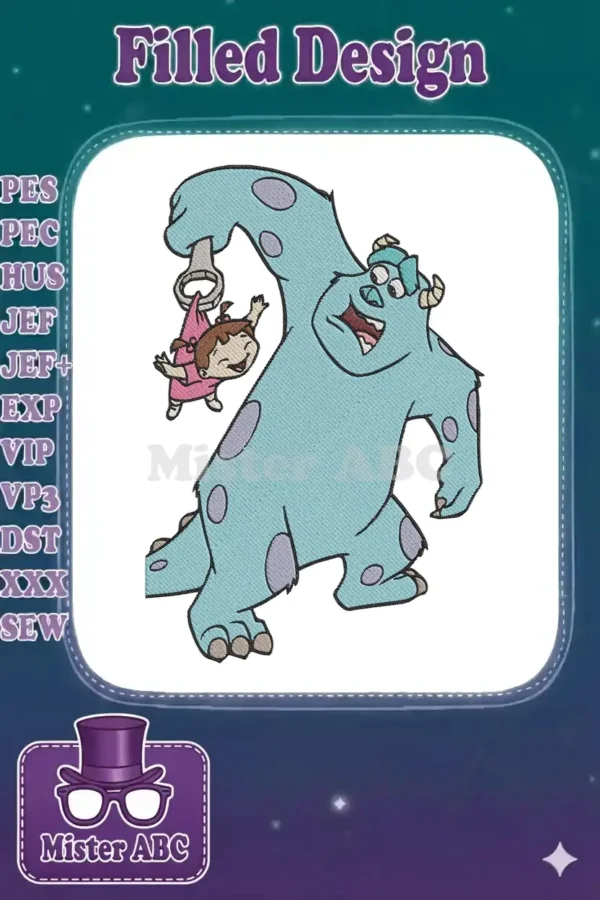 Monsters Inc. Sulley holding Boo embroidery design, featuring vibrant colors and detailed character work.