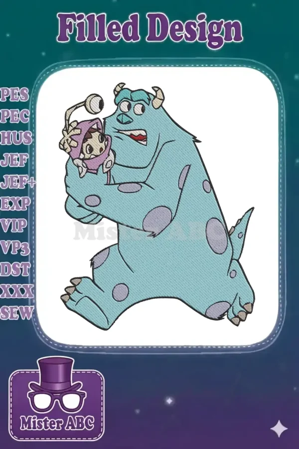 Full-color embroidery design featuring Sulley from Monsters, Inc. holding Boo, who is dressed in her monster costume.