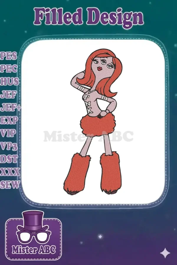 A vibrant embroidery design featuring Proud K from The Proud Family, with pink skin, red hair, and fluffy attire.