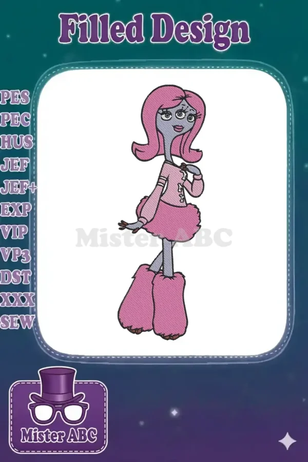 Full-body embroidery of a stylish alien character with pink hair, blue skin, and a fashionable pink outfit.