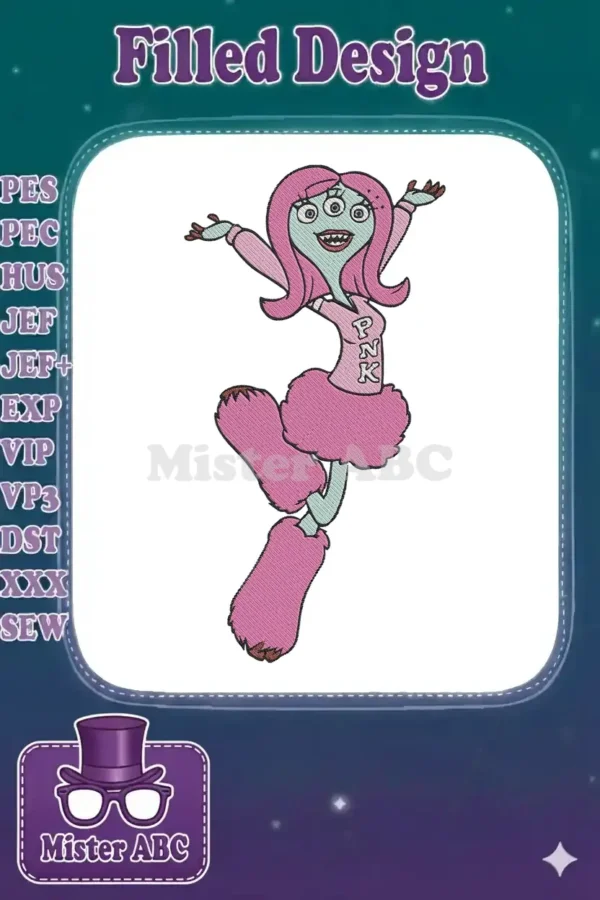 Crystal from Monsters University, three eyes, pink hair, pink furry outfit, striking a dynamic pose.