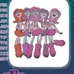 Cute cartoon multi-eyed monster girls pink furry boots embroidery designs - Instant Download
