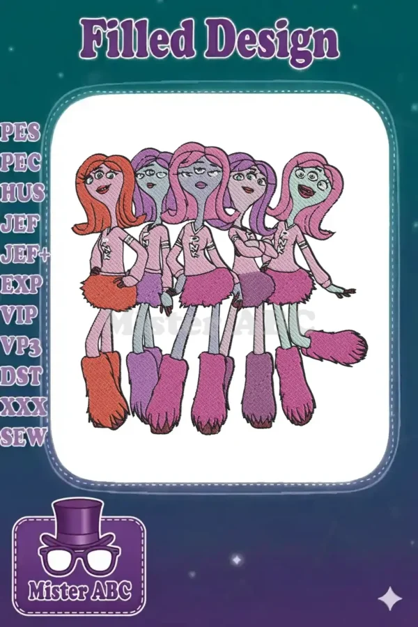 Five vibrant, stylized monster girls in a row, featuring varied hair, skin tones, and pink outfits.