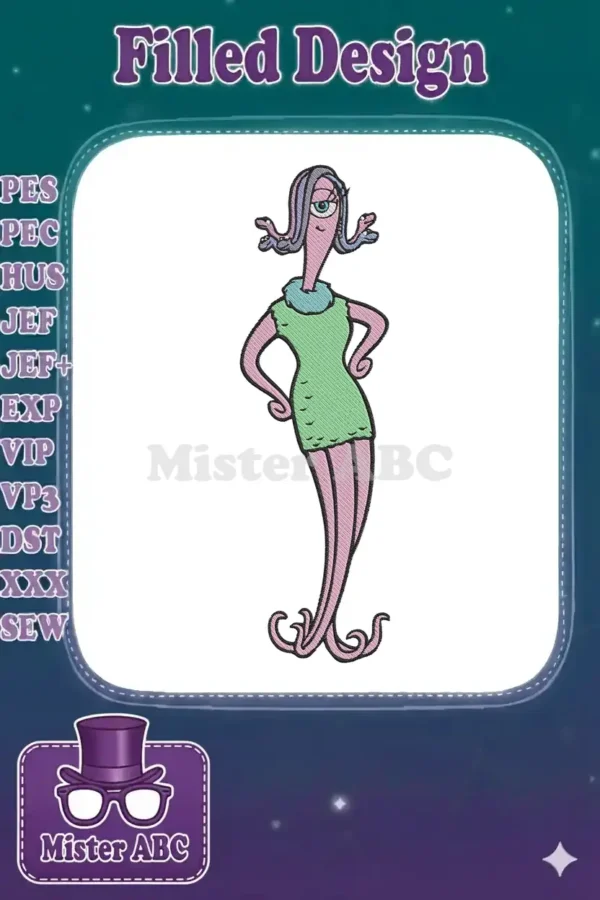 Detailed machine embroidery design of Roz from Monsters, Inc., featuring her pink body, green dress, and unique eye.