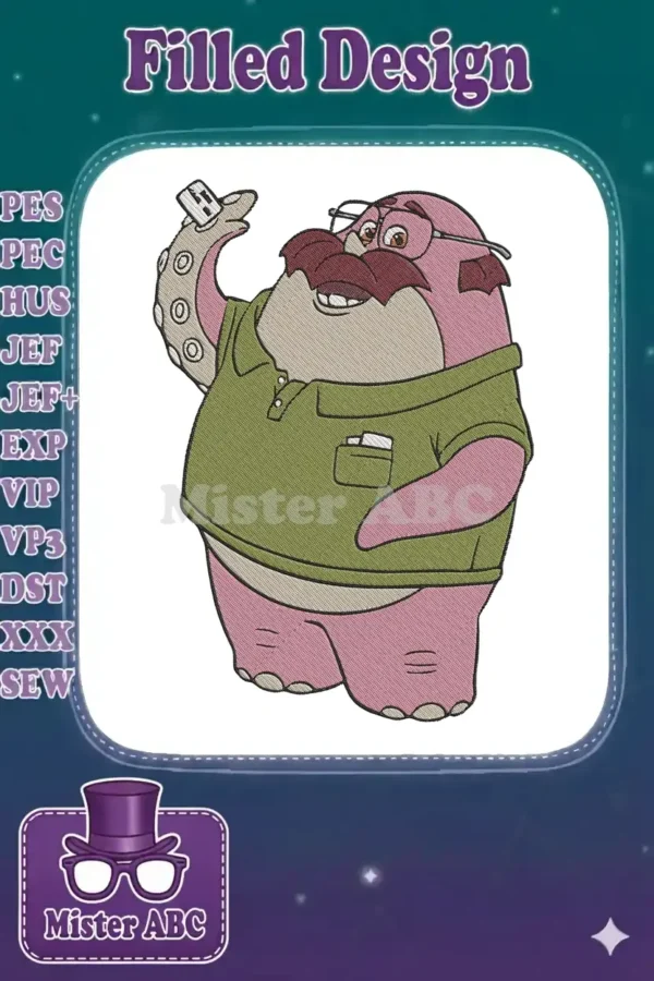 Full-color embroidery design of Frank McCay from Monsters University, smiling and holding a device.