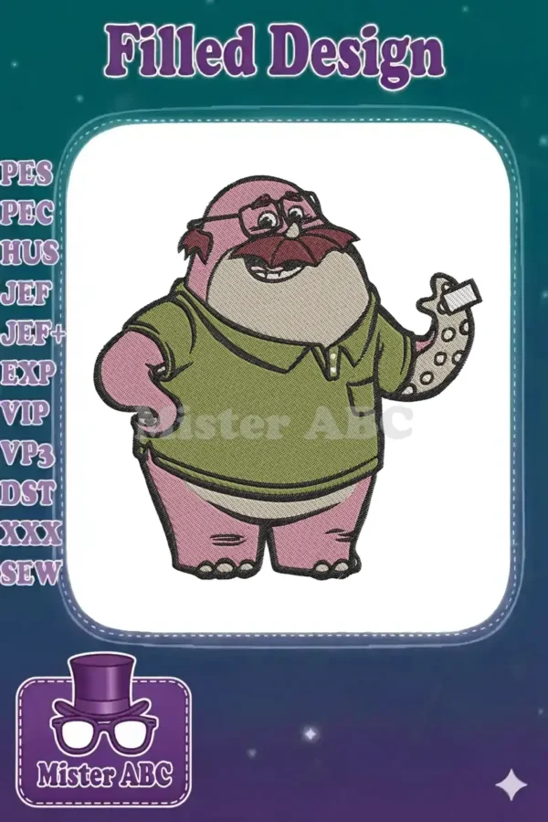 Detailed embroidery of Mr. Thickley from Catscratch, featuring the pink walrus-like character with glasses.