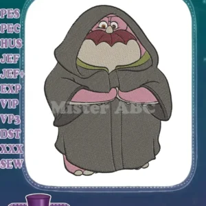 Detailed embroidery of Grumpy from Snow White in a dark, hooded cloak, hands clasped, on a white background.