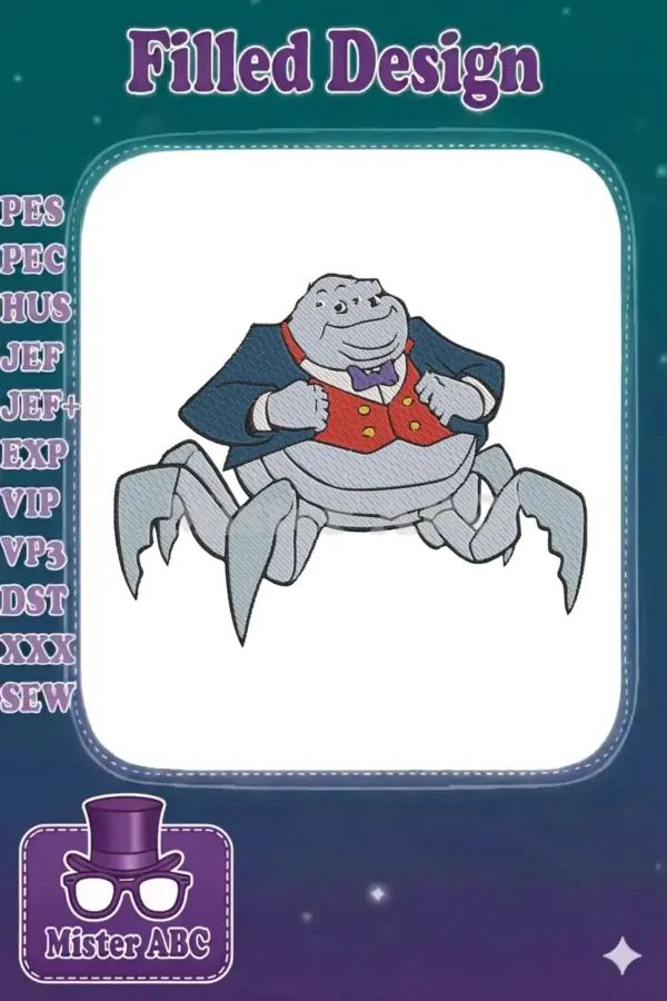 Close-up of a friendly, well-dressed spider-like character embroidery design, featuring a suit and bow tie.