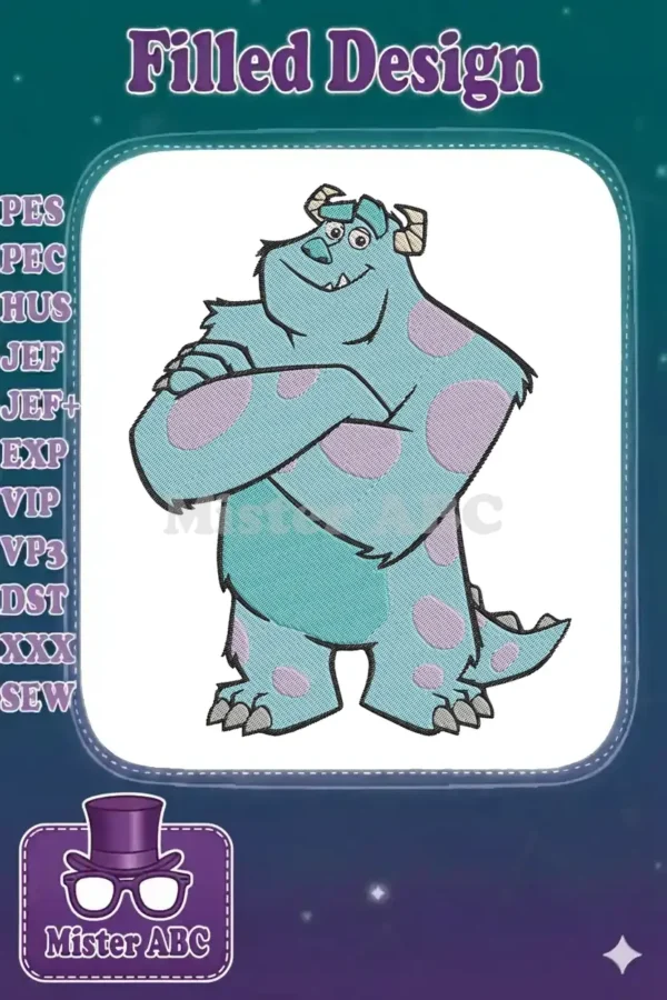 A detailed embroidery design of James P. 'Sully' Sullivan from Monsters, Inc., featuring his iconic teal fur and purple spots.