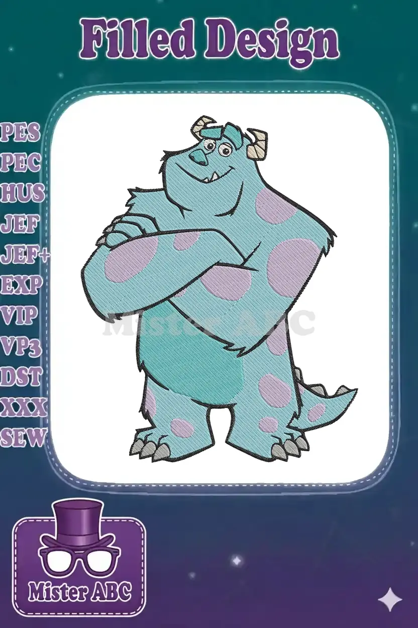 A detailed embroidery design of James P. 'Sully' Sullivan from Monsters, Inc., featuring his iconic teal fur and purple spots.