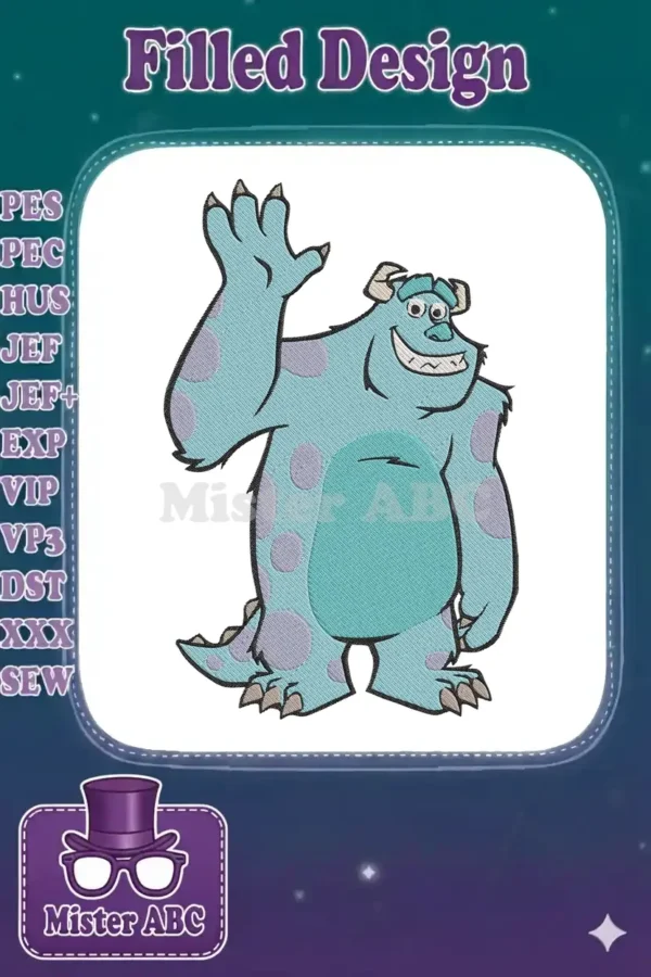 A detailed embroidery design of Sulley from Monsters, Inc., featuring his iconic blue fur, purple spots, and friendly wave.