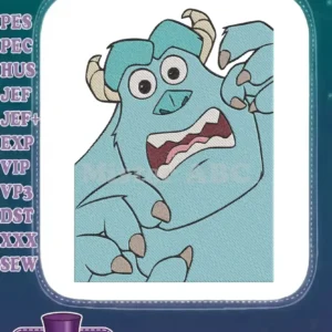 Close-up embroidery of Sulley from Monsters Inc., looking scared with wide eyes and open mouth, on white fabric.