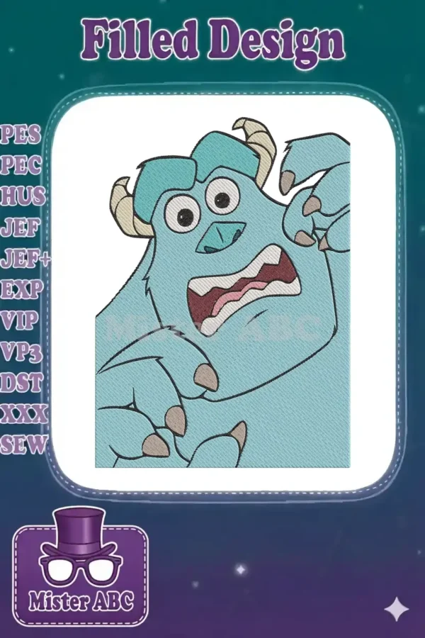 Close-up embroidery of Sulley from Monsters Inc., looking scared with wide eyes and open mouth, on white fabric.