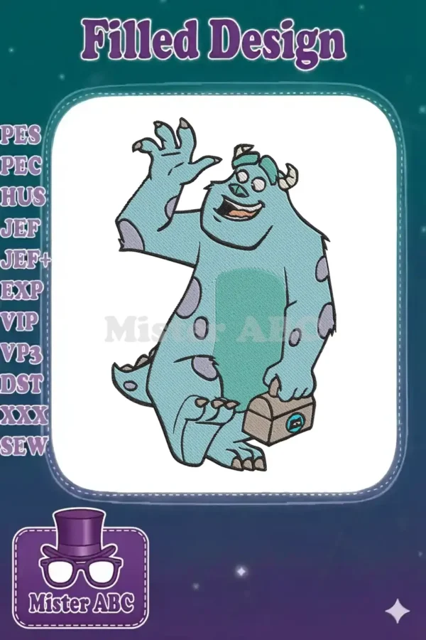 A vibrant embroidery design of Sulley from Monsters, Inc., waving cheerfully and holding a small chest.
