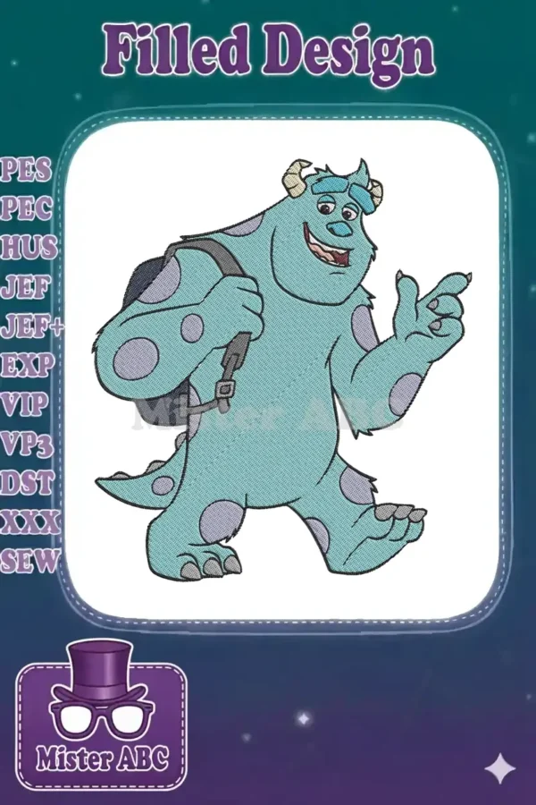 A cheerful Sulley from Monsters, Inc. with a backpack, smiling and pointing, in a detailed embroidery design.