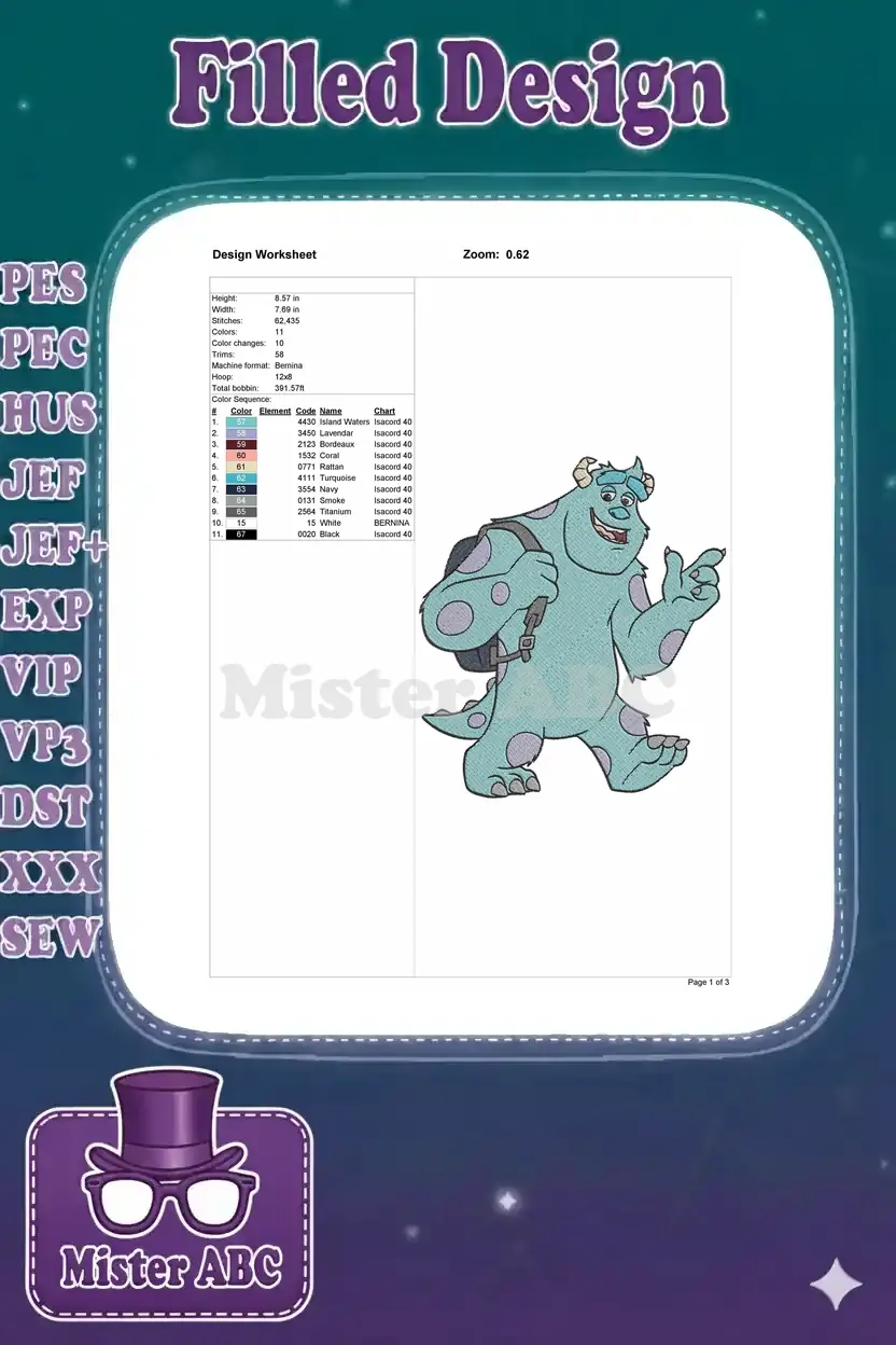 An embroidery design worksheet for Sulley, detailing stitch count, colors, dimensions, and machine format.