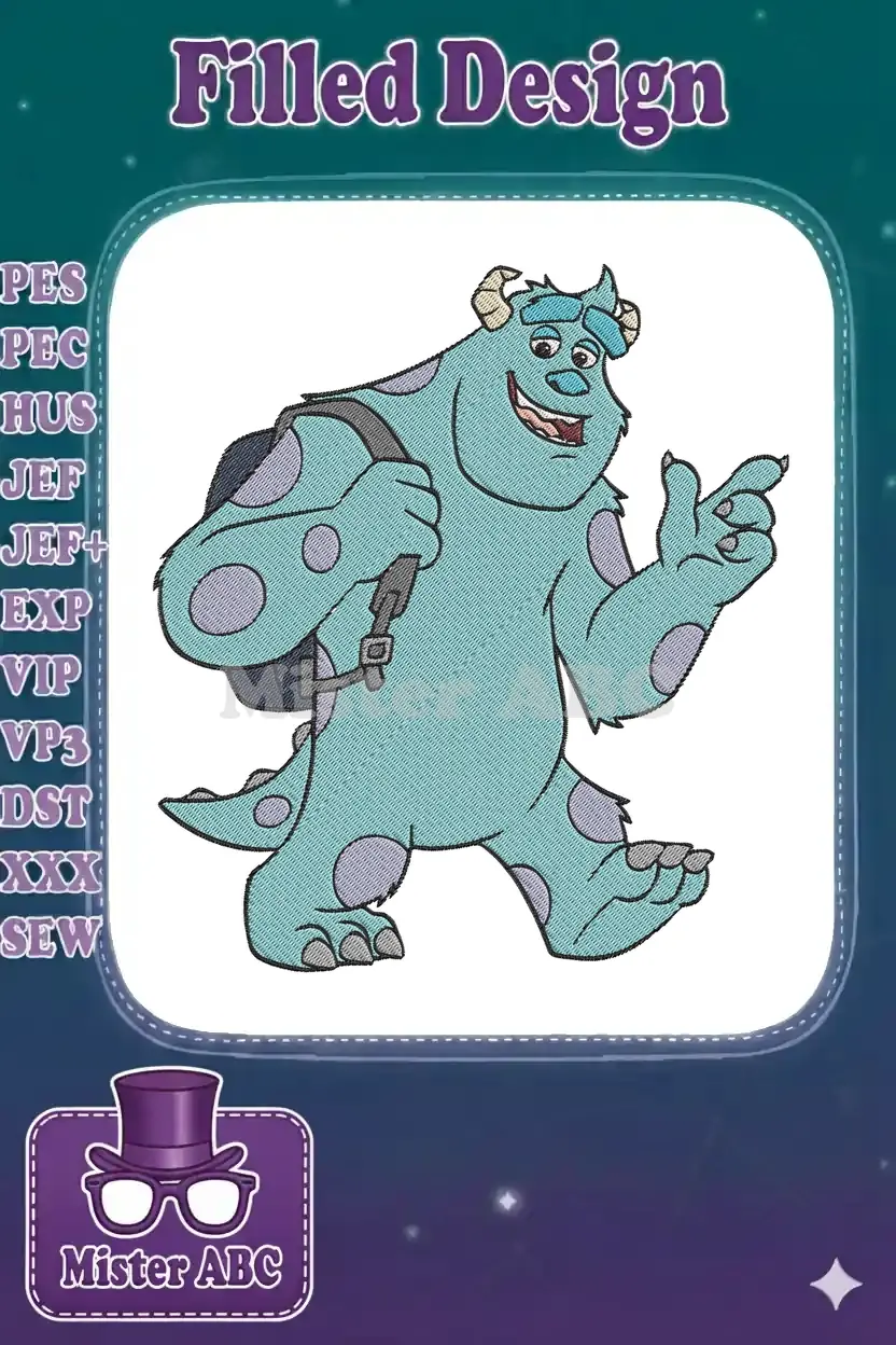A cheerful Sulley from Monsters, Inc. with a backpack, smiling and pointing, in a detailed embroidery design.