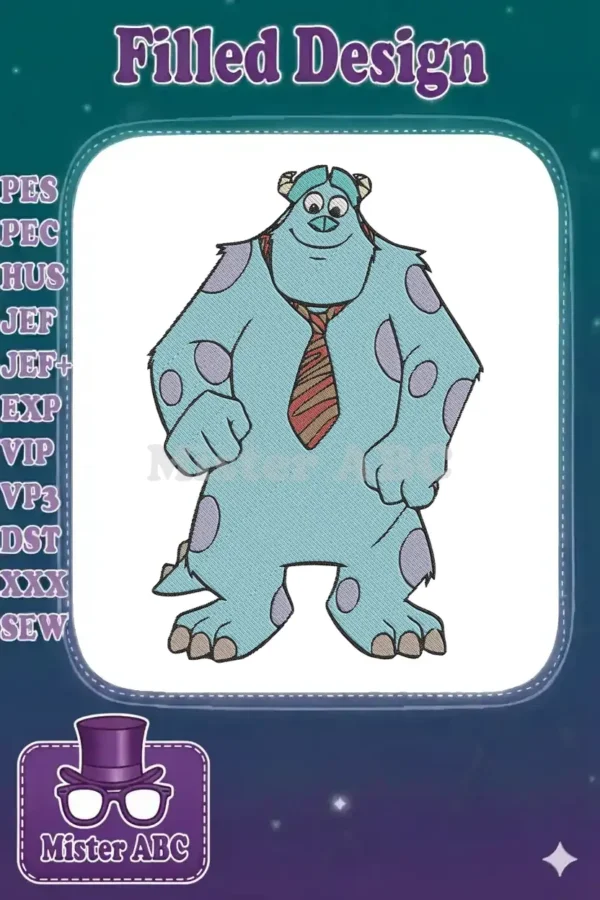 A detailed embroidery design of Sulley from Monsters, Inc., featuring his iconic blue fur, purple spots, and a striped tie, ready for stitching.