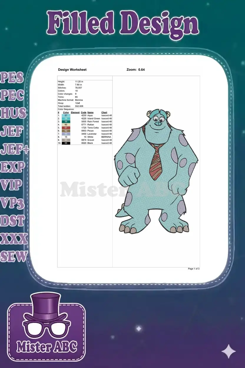 Embroidery design worksheet for Sulley, detailing dimensions (11.20x7.60 in), stitch count (73,557), 10 colors, and machine format.