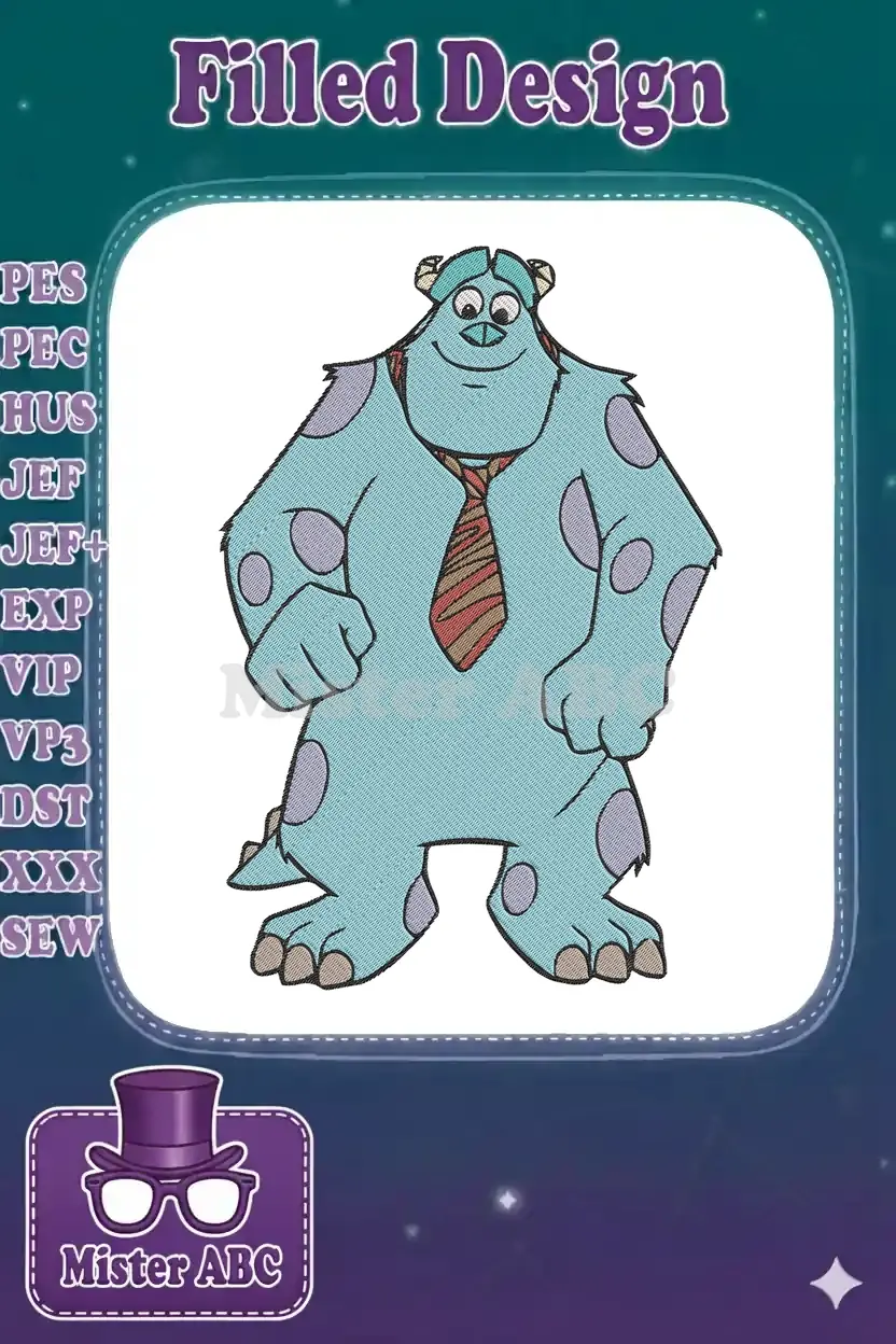 A detailed embroidery design of Sulley from Monsters, Inc., featuring his iconic blue fur, purple spots, and a striped tie, ready for stitching.