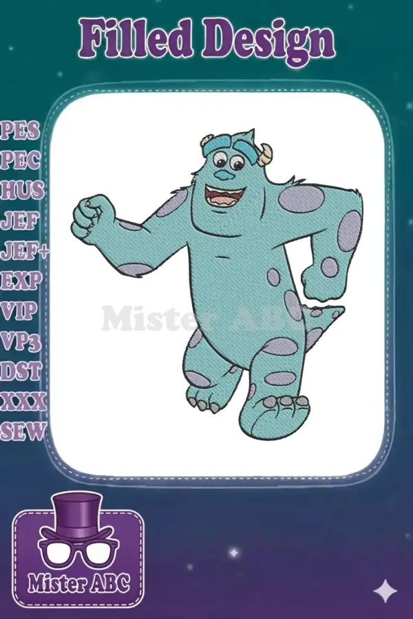 A cheerful, light blue monster, Sulley from Monsters Inc., running happily with purple spots, showcasing detailed embroidery.