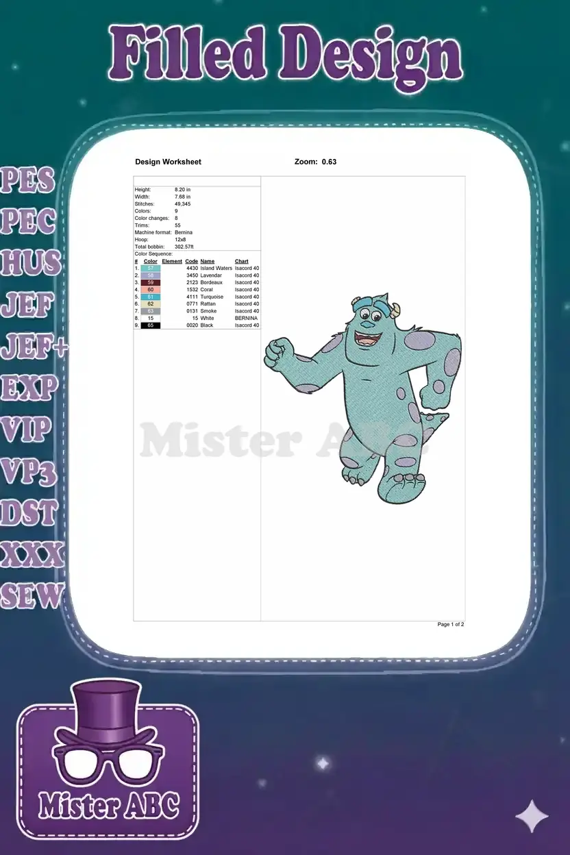 A detailed embroidery design worksheet for Sulley, showing dimensions, stitch count, color sequence, and thread details.