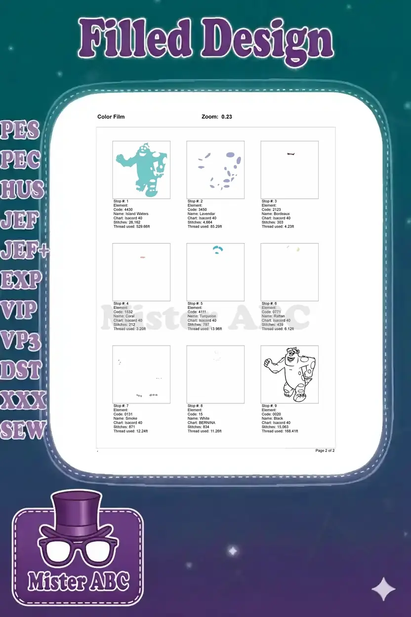 Color film showing the step-by-step embroidery stitch sequence for Sulley, detailing each color stop and thread usage.