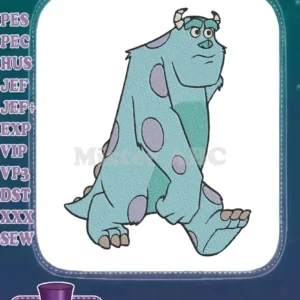 A full-body embroidery design of Sulley from Monsters Inc., featuring his teal fur and purple spots, ready to stitch.