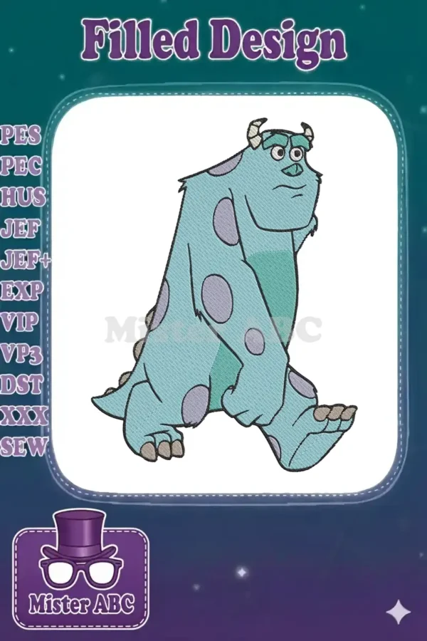 A full-body embroidery design of Sulley from Monsters Inc., featuring his teal fur and purple spots, ready to stitch.