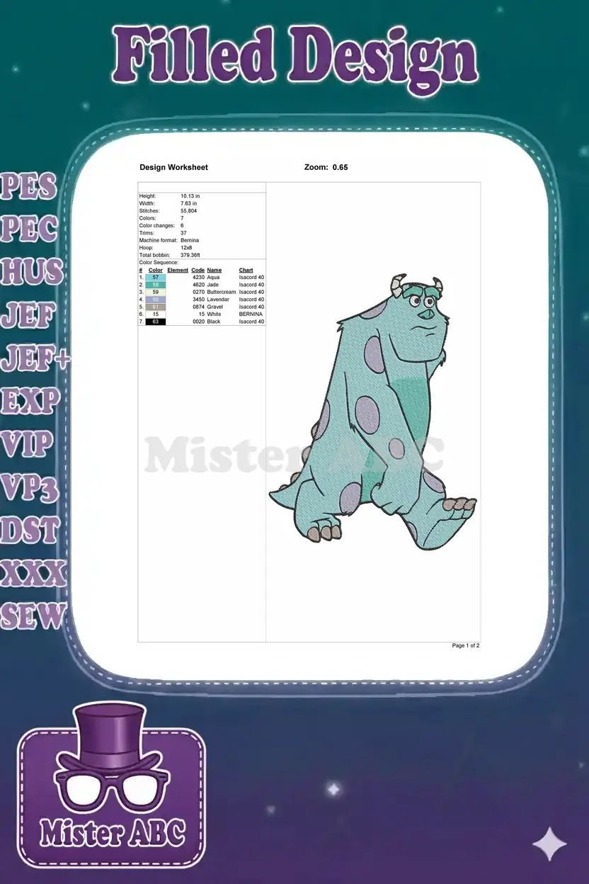 Design worksheet for Sulley embroidery, showing dimensions, stitch count, color sequence, and machine info.