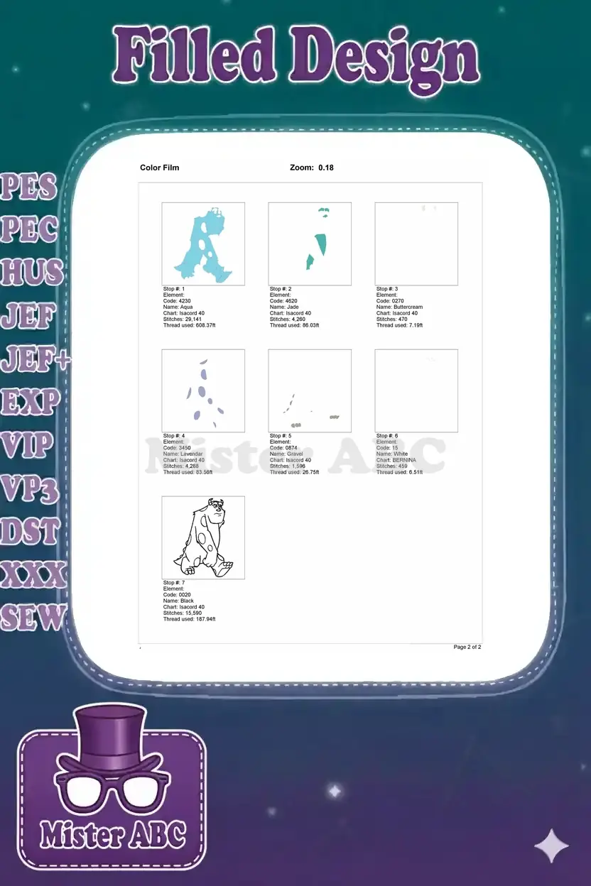 Color film breakdown for Sulley embroidery, illustrating each stitch stop and color application sequence.