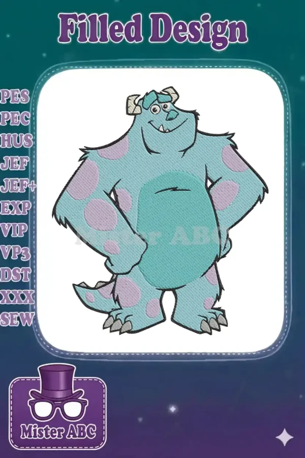 A vibrant embroidery design of Sulley from Monsters, Inc., featuring his iconic blue fur and purple spots.