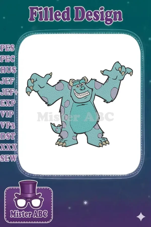 A vibrant embroidery design of Sulley from Monsters, Inc., roaring joyfully with arms raised, featuring detailed fill stitches.