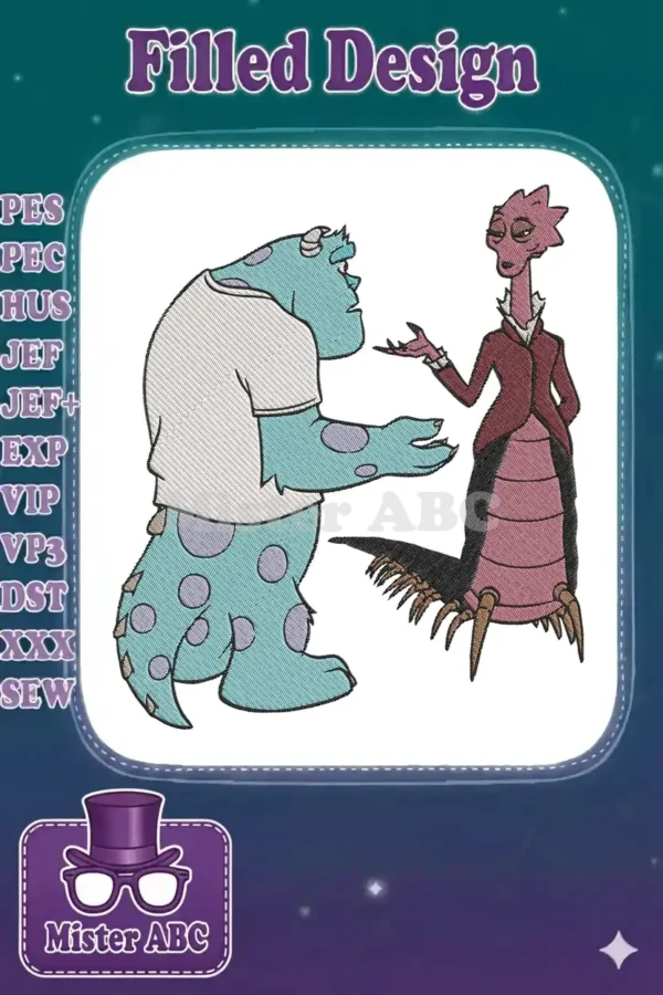 Vibrant embroidery of Sully in a white shirt and Roz in a maroon jacket, facing each other with expressive gestures, from Monsters Inc.