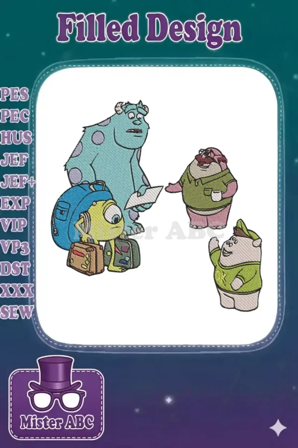 Full-color machine embroidery design of Sulley, Mike Wazowski, Don Carlton, and Art from Monsters University.