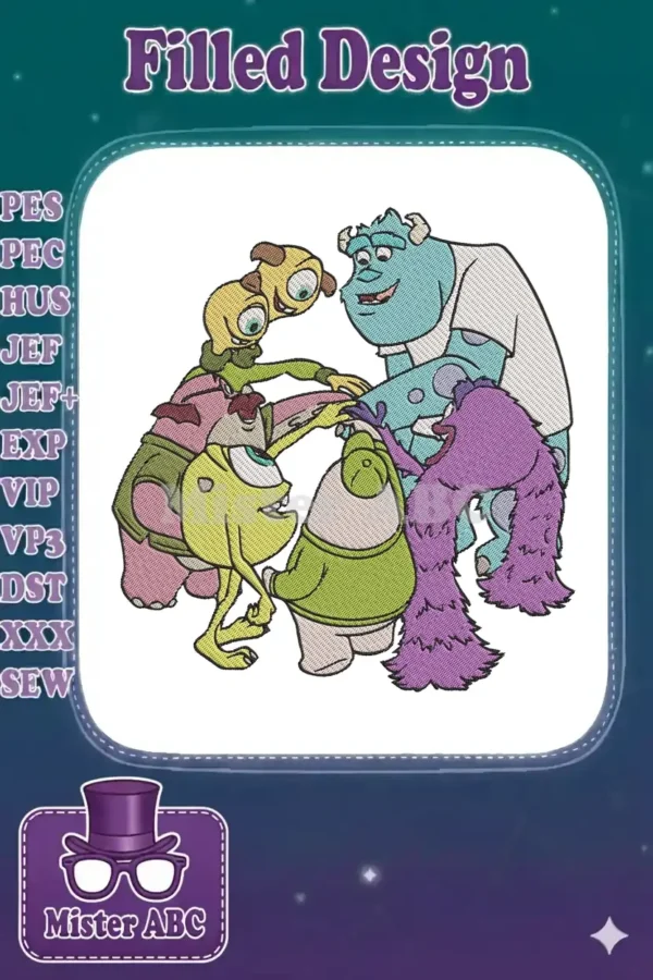 Vibrant embroidery design featuring Monsters University's Oozma Kappa fraternity, showcasing teamwork and friendship.